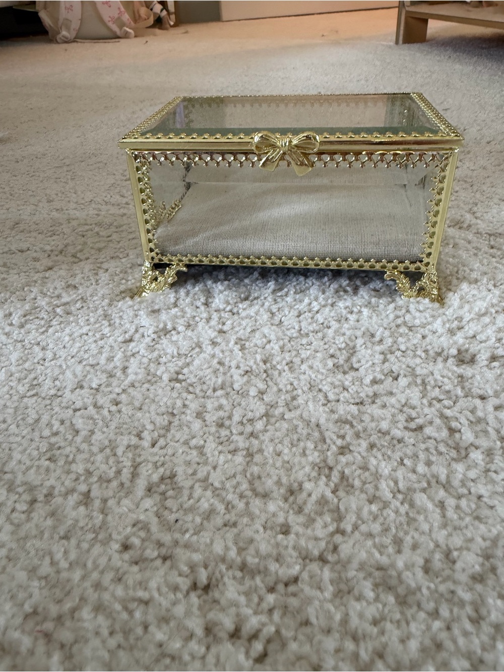 Gold Glass Jewelry Display Box with Bow Accent